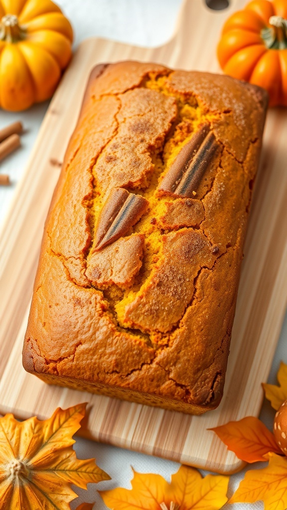 Delicious 5-Star Pumpkin Bread Recipe A golden brown loaf of pumpkin bread on a wooden board, garnished with cinnamon and surrounded by pumpkins.